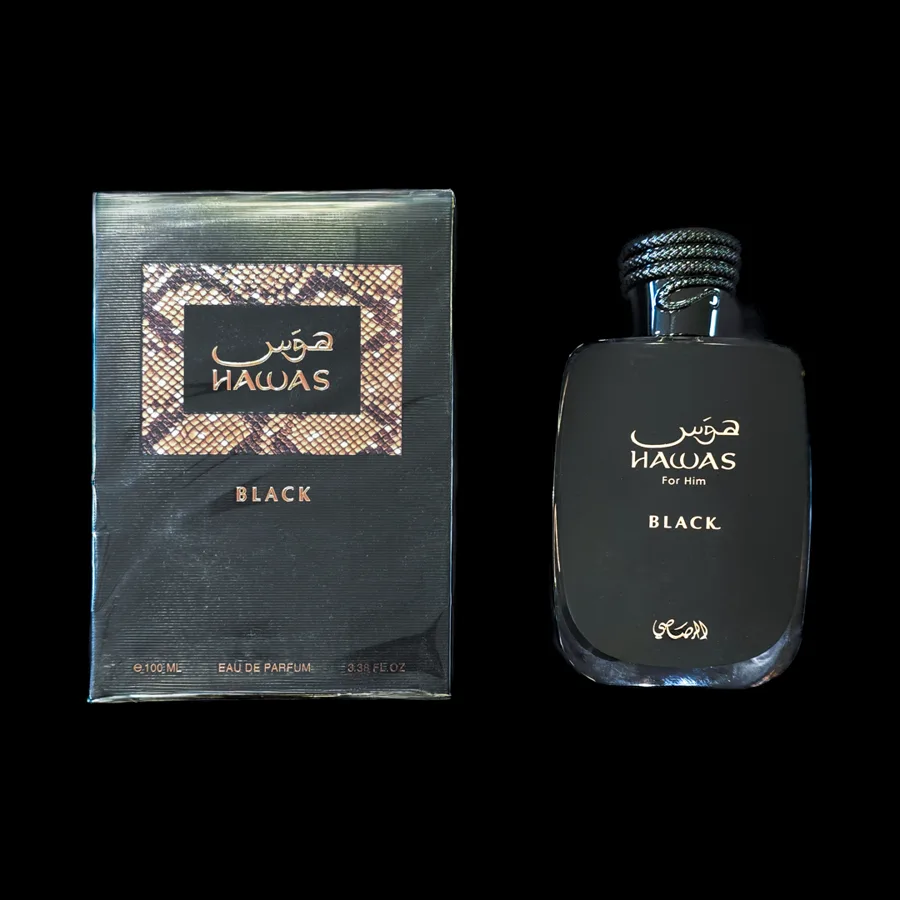 Frasco do perfume Hawas Black da marca Rasasi