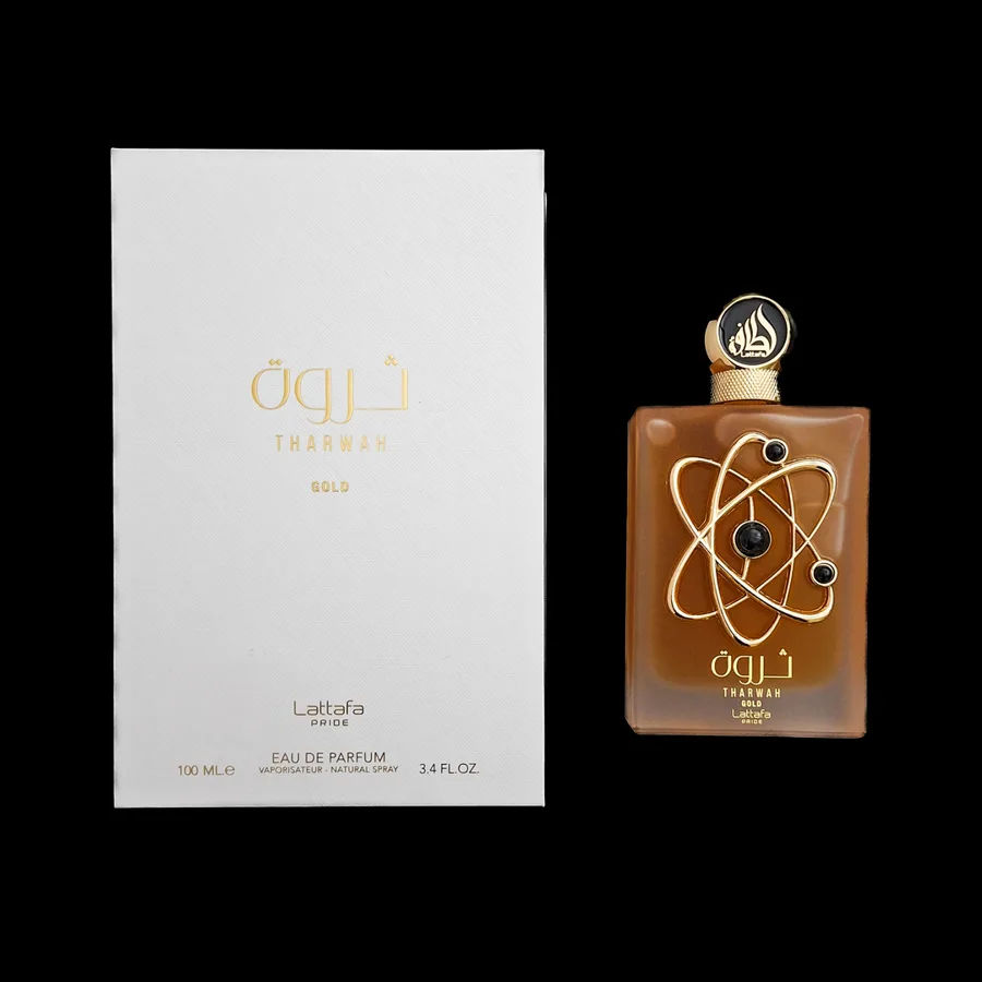 Frasco do perfume Tharwah Gold da marca Lattafa