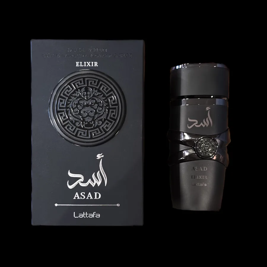 Frasco do perfume Asad Elixir da marca Lattafa