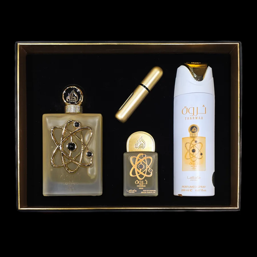 Frasco do perfume Tharwah Gold Kit da marca Lattafa