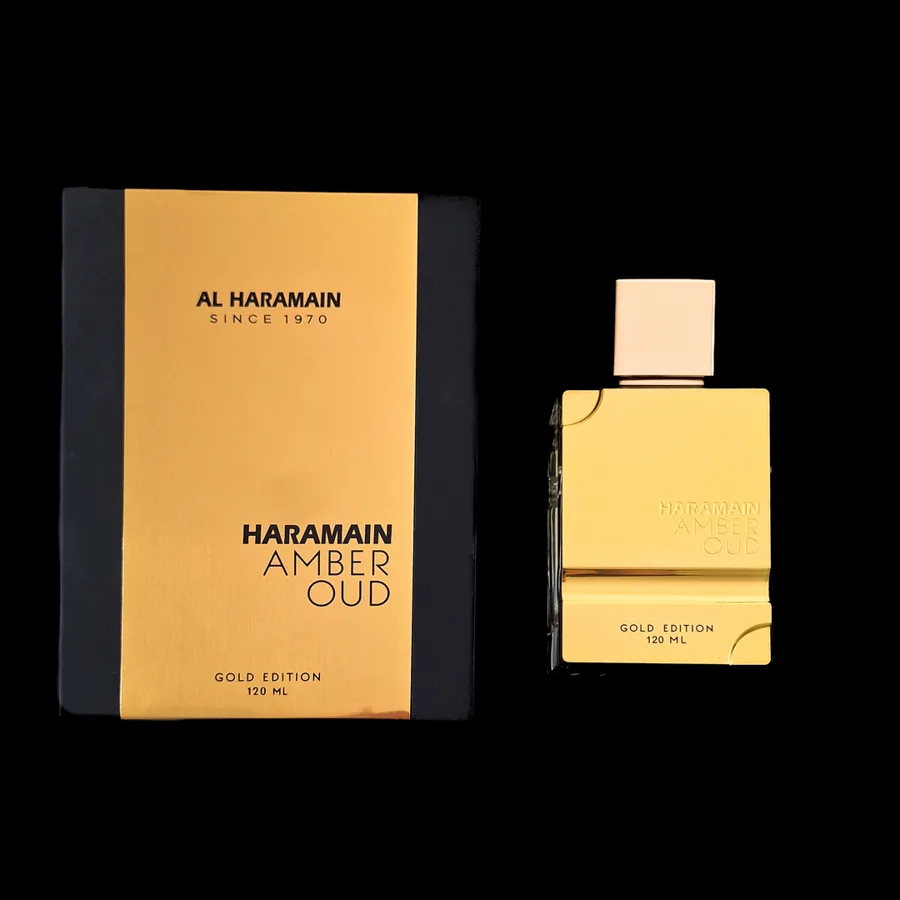 Frasco do perfume Amber OUD Gold da marca Al Haramain