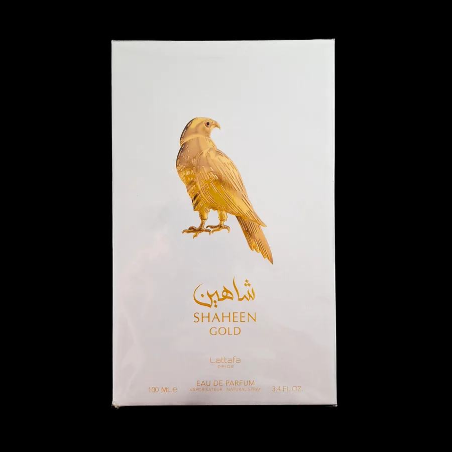 Frasco do perfume Shaheen Gold da marca Lattafa