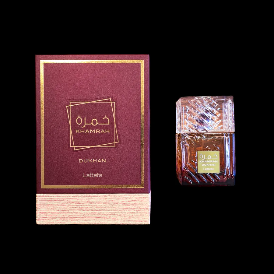 Frasco do perfume Khamrah Dukhan da marca Lattafa